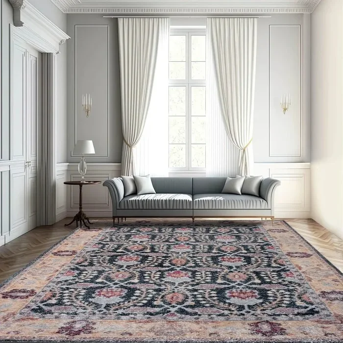 Multi Sizes Micro Printed Hand Woven Polyester Oriental Area Rug Charcoal, Peach Color