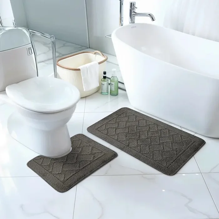 NILAH Piece Machine Washable Non-Slip Dark Grey Bathroom Rug Set Grey