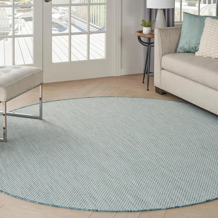 Nourison Courtyard Indoor/Outdoor Ivory/Aqua 8′ x Round Area Rug, Easy Cleaning, Non Shedding, Bed Room, Living Room, Dining Room, Backyard, Deck, Patio (8 Round)