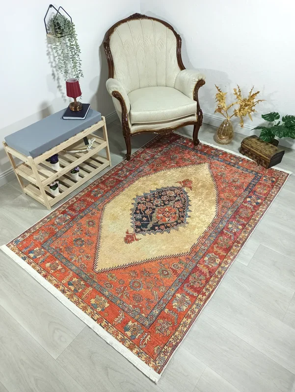 Persian Heriz Orange Beige Vintage Design Rug