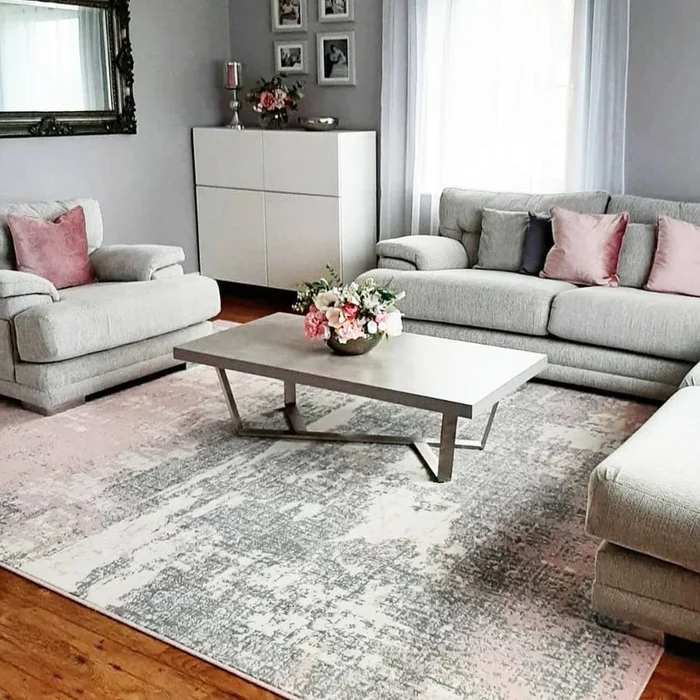 Pink Grey Distressed Worn Look Living Room Rug – Milan
