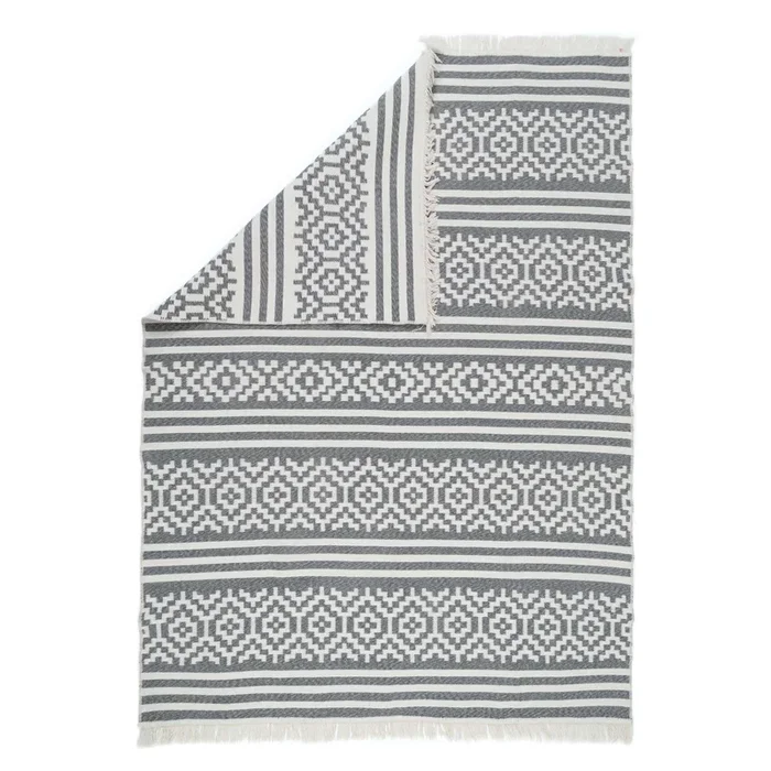 Reversible Recycled Cotton Grey Aztec Motif Rug – Sian
