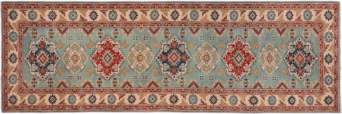 Rustic Kazak Delaney Light Green/Beige Wool Runner – 2’8” x 9’5”