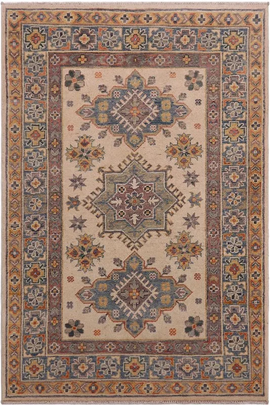 Rustic Kazak Jordan Beige/Light Blue Wool Rug – 3’3” x 4’10”
