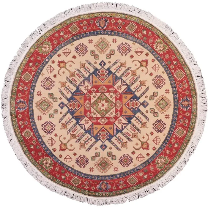 Rustic Kazak Snider Ivory/Red Wool Round – 6’5” x 6’6”