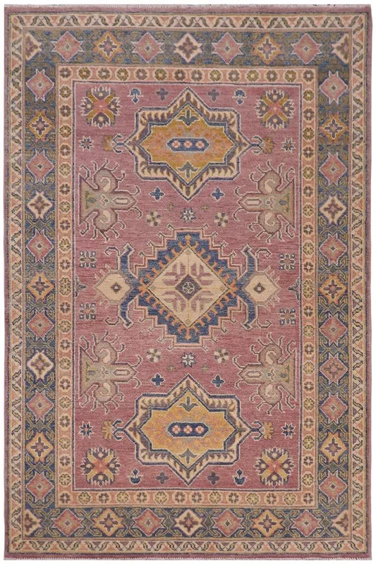 Rustic Kazak Southwestern Melody Purple/Light Blue Wool Rug – 4’0” x 5’10”