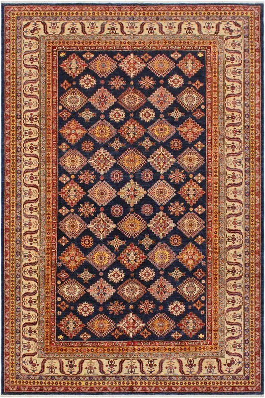 Rustic Super Kazak Bernadin Blue/Beige Wool Rug – 8’10” x 12’0”