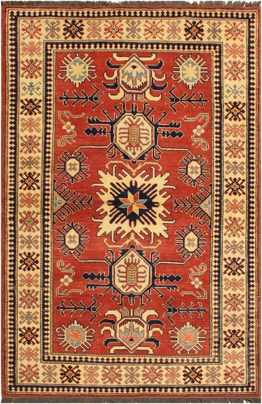 Rustic Super Kazak Karon Rust/Beige Wool Rug – 4’0” x 6’2”