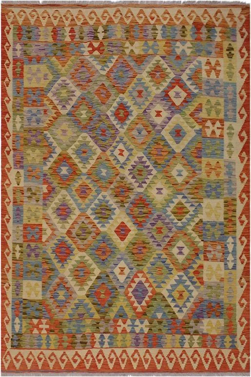 Rustic Turkish Kilim Bobbie Hand-Woven Wool Rug – 5’7” x 7’11”