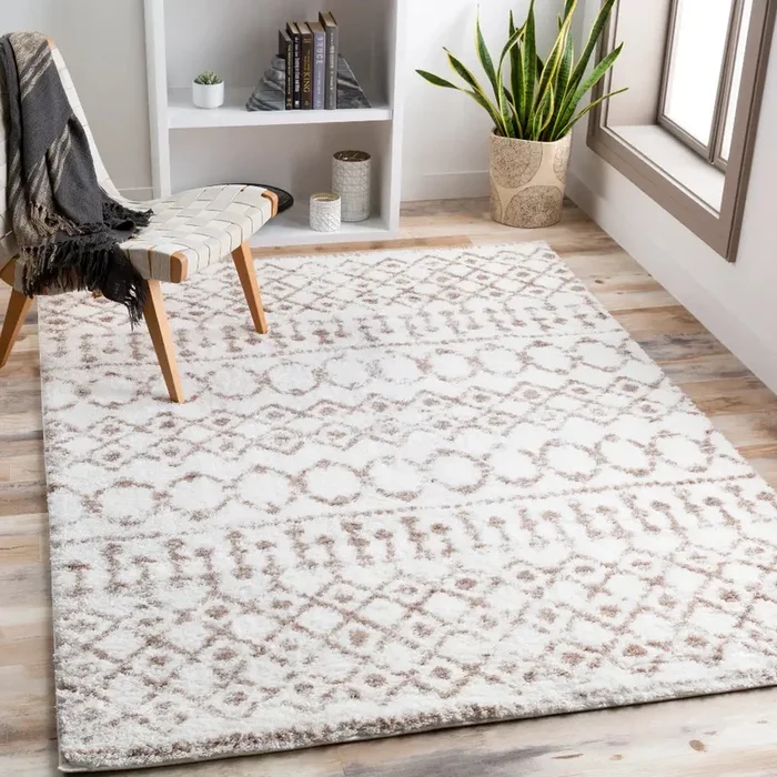 SAANJH Shaggy Geometric Plush Pile Beige Rug