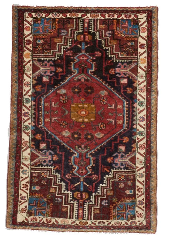Senneh Hand Knotted Red Blue Wool Rug 2’9 x 4’4