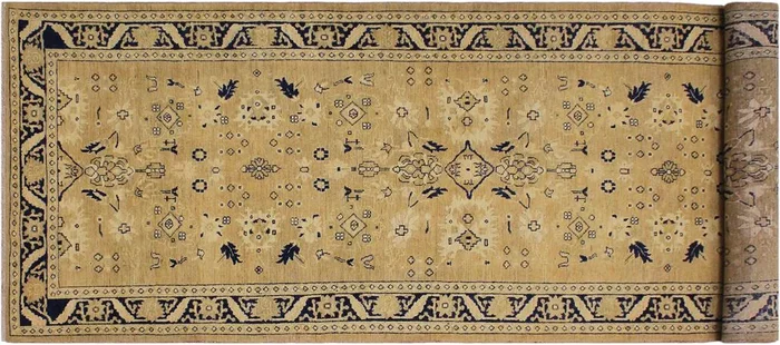 Shabby Chic Ziegler Kitty Gold Blue Hand-Knotted Wool Runner – 4’2” x 11’10”
