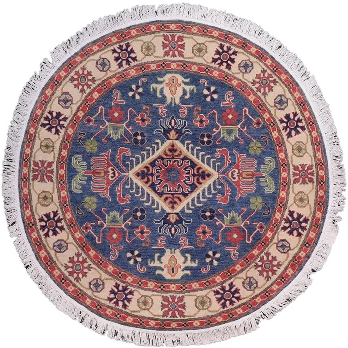 Southwestern Kazak Smoot Blue/Ivory Wool Round – 4’10” x 4’10”