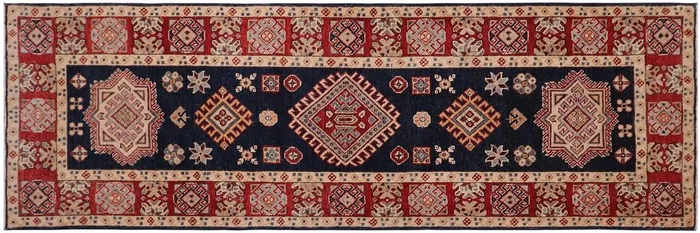 Southwestern Kazak Theodore Blue/Red Wool Runner – 2’6” x 9’7”