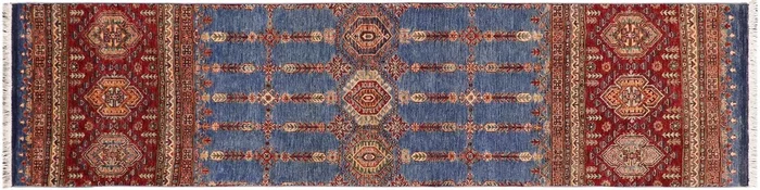 Southwestern Khurgeen Naila Blue/Red Wool Runner – 2’8” x 9’1”