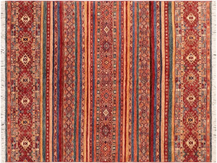 Southwestern Khurgeen Petronil Red/Blue Wool Rug – 5’1” x 6’7”