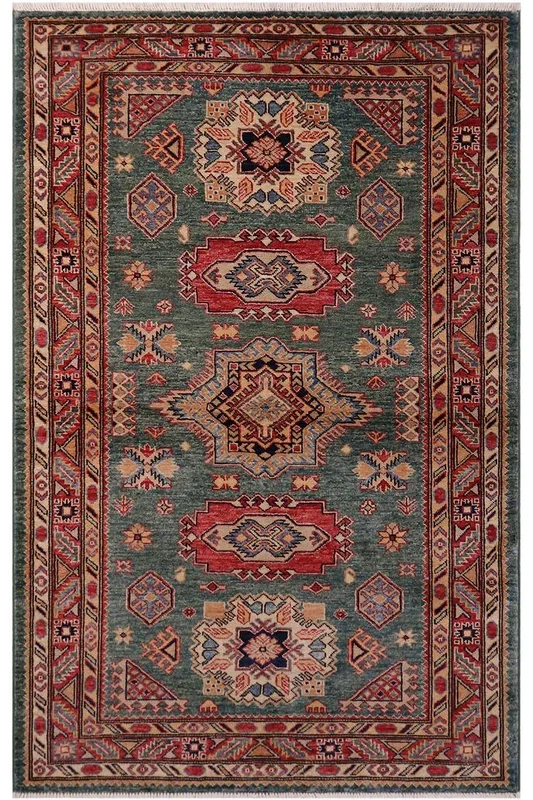 Southwestern Super Kazak Howard Green/Red Wool Rug – 4’2” x 5’11”