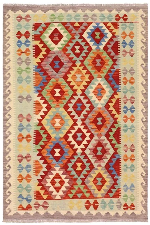 Southwestern Turkish Kilim Diamond Hand-Woven Wool Rug – 4’3” x 6’0”
