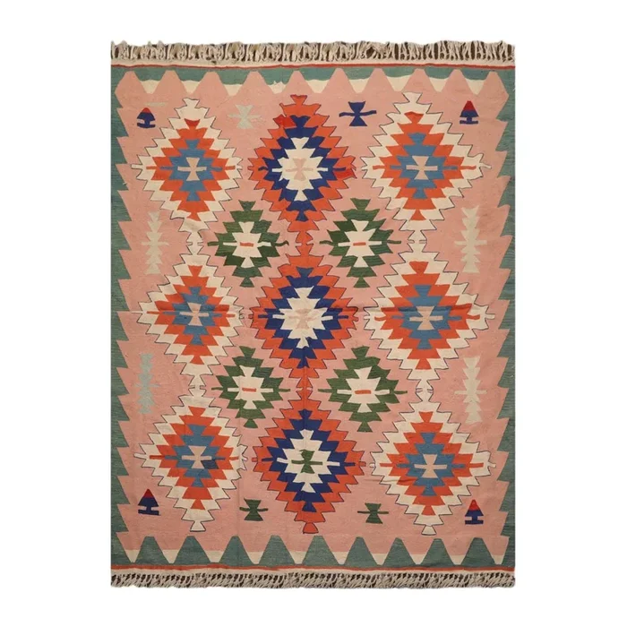 Southwestern Vintage Turkish Kilim Hand Woven Wool Area Rug Blush 6’2″ x 8’6″