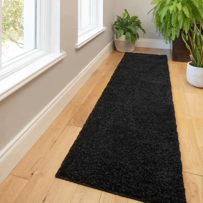 Super Soft Black Shaggy Runner Rug