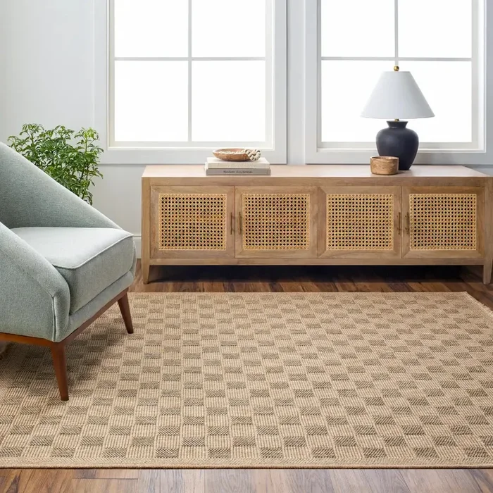TORI In- & Outdoor Cottage Jute-Look Light Brown/Black Checkered Rug