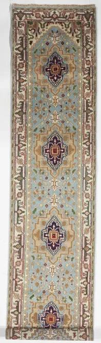 Traditional Hand Knotted Blue Beige Ivory Runner Rug 2’7 x 11’7