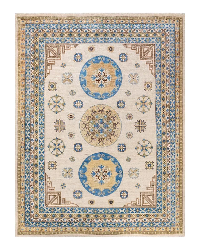 Traditional Hand Knotted Khotan Floral Ivory Area Rug 9′ 0″ x 11′ 10″