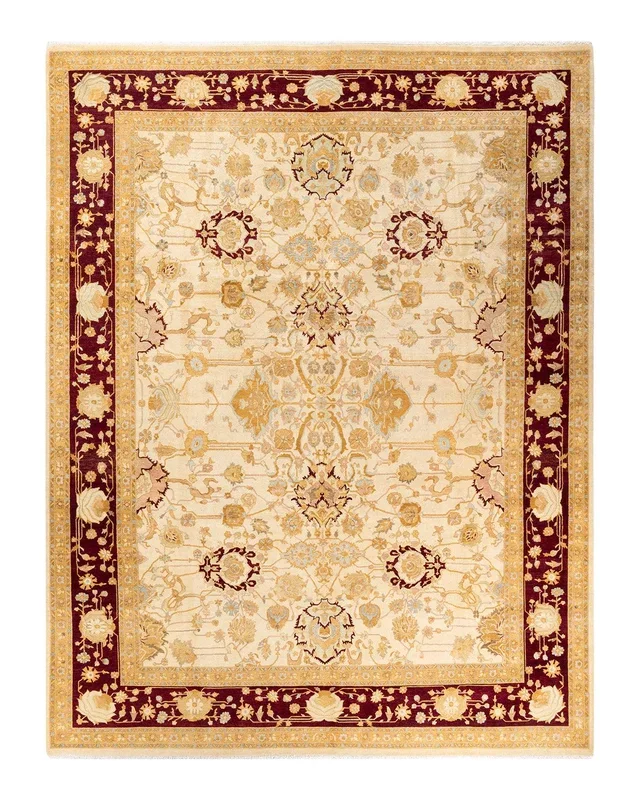 Traditional Hand Knotted Mogul Floral Ivory Area Rug 9′ 1″ x 12′ 2″