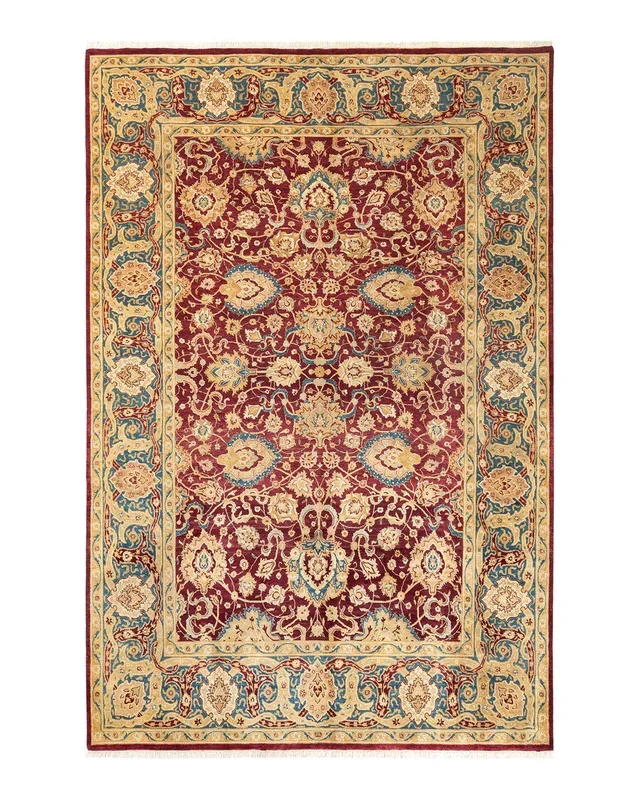 Traditional Hand Knotted Mogul Floral Red Area Rug 6′ 0″ x 9′ 0″