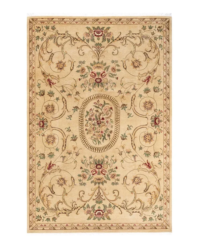 Traditional Hand Knotted Mogul Oriental Yellow Area Rug 6′ 7″ x 9′ 10″