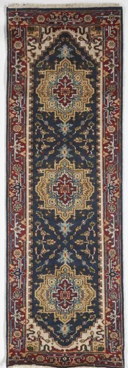 Traditional Hand Knotted Navy Blue Multicolor Runner Rug 2’7 x 7’11
