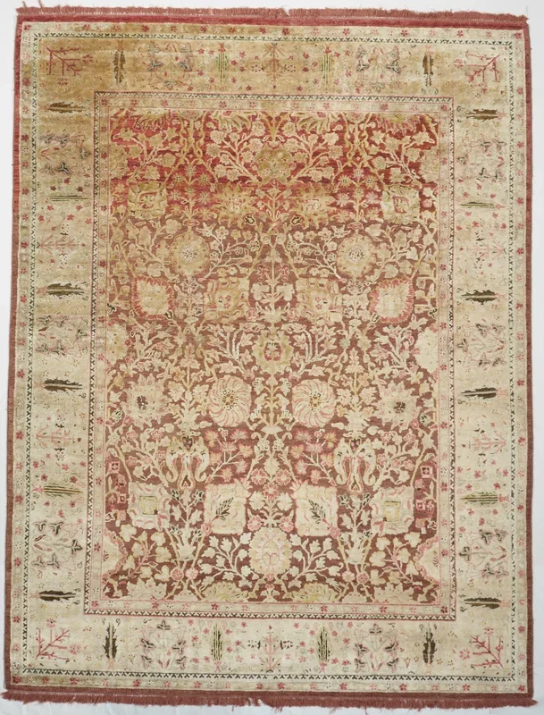 Traditional Hand Knotted Wool and Silk Rust Beige Rug 7’8 x 9’11