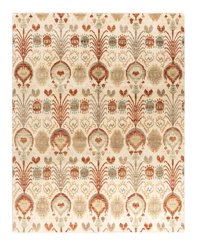 Traditional Ikat Hand Knotted Floral Wool Beige Area Rug 7′ 10″ x 10′ 1″