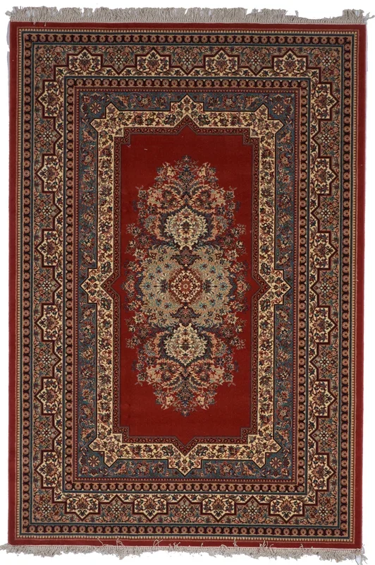 Traditional Machine Made Red Ivory Wool Rug 6’7 x 9’8