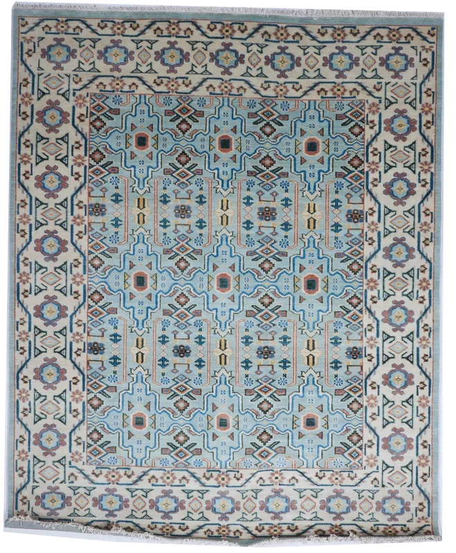 Transitional Hand Knotted Blue Green Multicolor Wool Rug 8′ x 10′