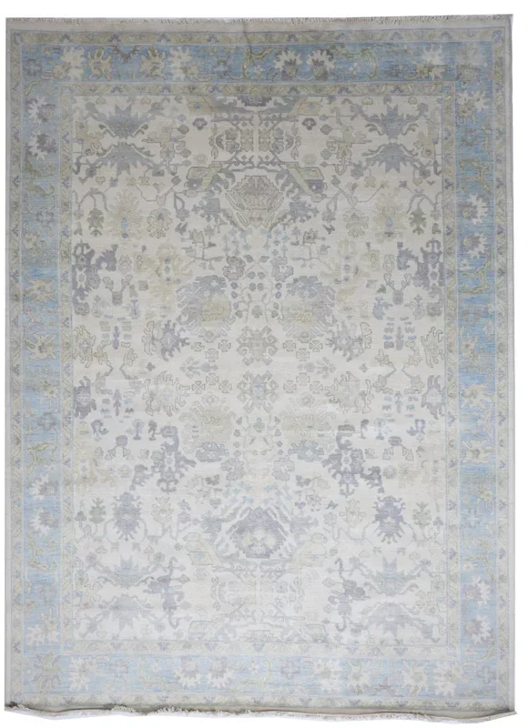 Transitional Handmade Beige Blue Green Wool Rug 8’9 x 11’9