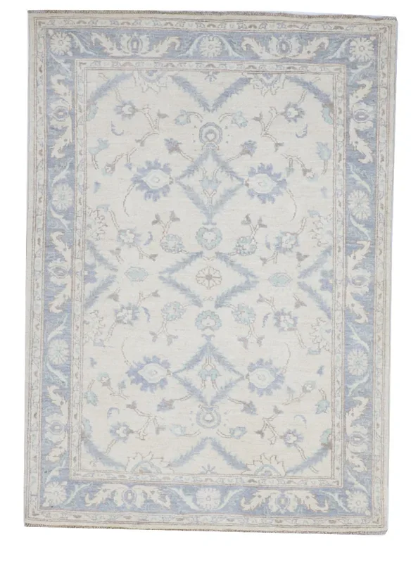 Transitional Handmade Ivory Blue Wool Rug 4’1 x 5’9