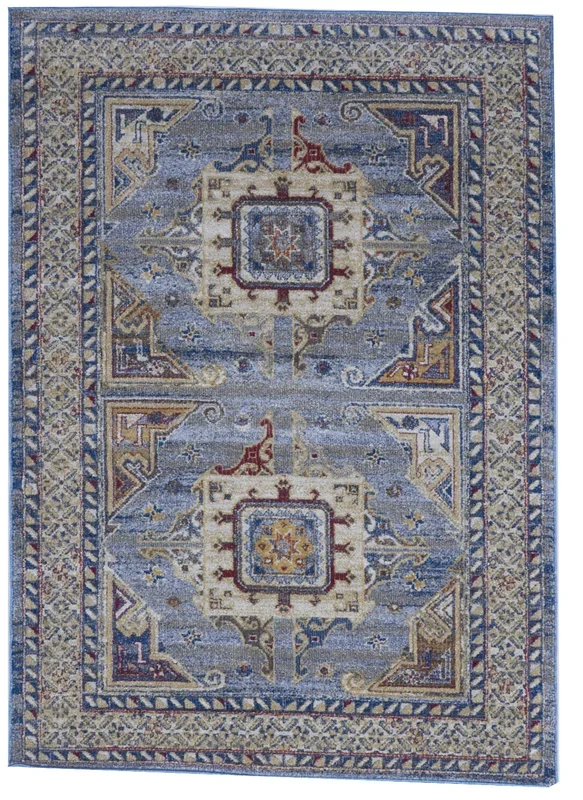 Transitional Machine Made Blue Beige Wool Rug 5’3 x 7’3