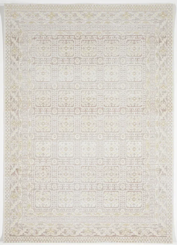 Transitional Machine Made White Ivory Brown Manmade Rug 5′ x 8′