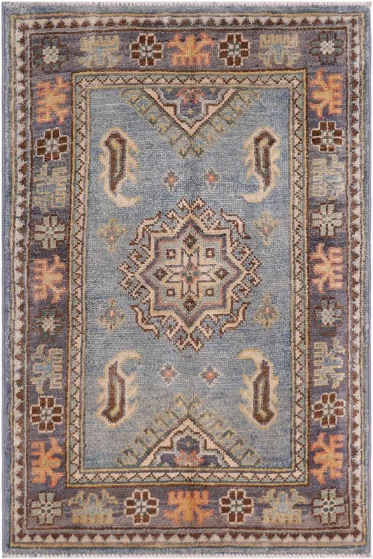 Tribal Kazak Bohemian Lainey Light Blue/Gray Wool Rug – 2’0” x 3’0”
