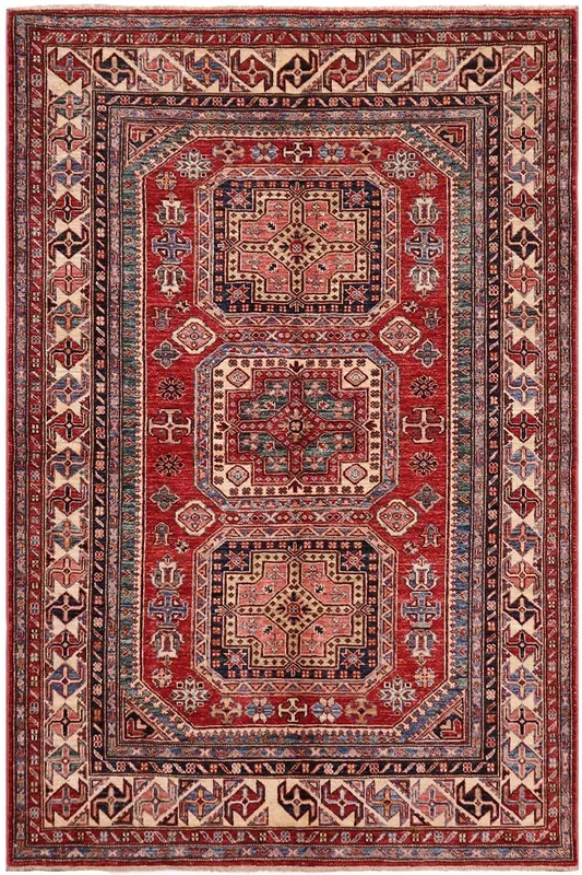 Tribal Super Kazak Cristian Red/Beige Wool Rug – 4’9” x 6’5”