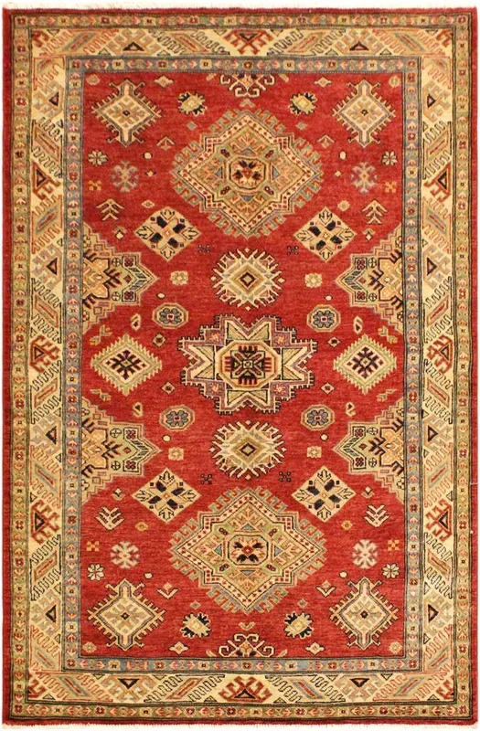 Tribal Super Kazak Louis Red/Tan Wool Rug – 4’1” x 6’3”