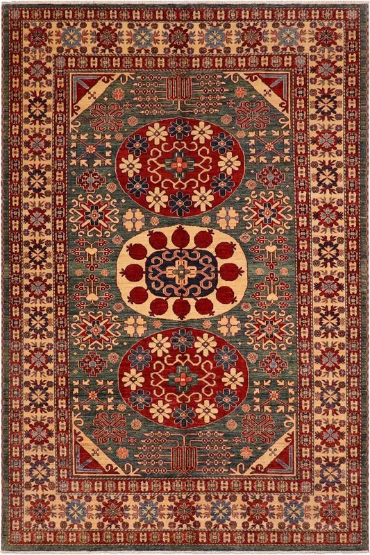 Tribal Super Kazak Magaly Green/Beige Wool Rug – 6’10” x 9’6”