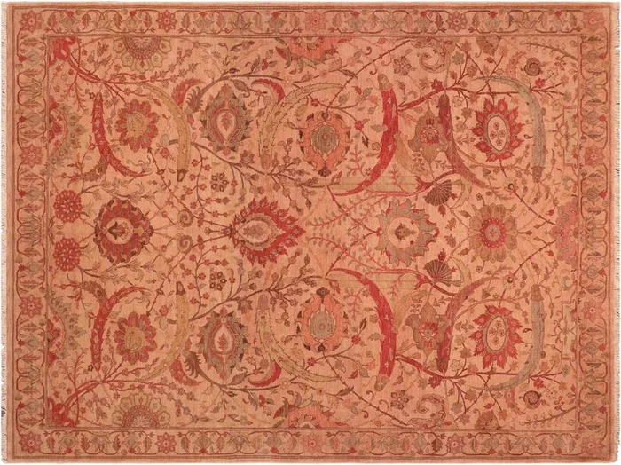 Turkish Knotted Istanbul Crista Tan/Red Wool Rug – 7’0” x 10’2”