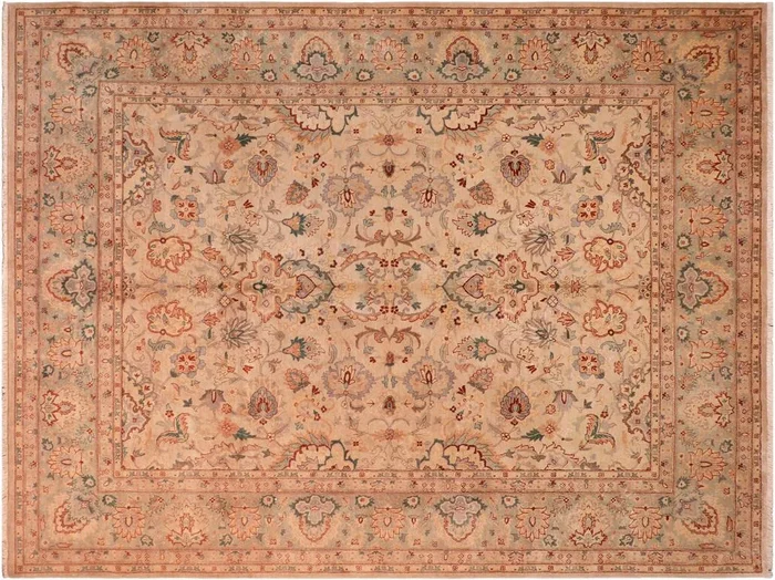 Turkish Knotted Istanbul Penny Tan/Green Wool Rug – 8’2” x 10’2”