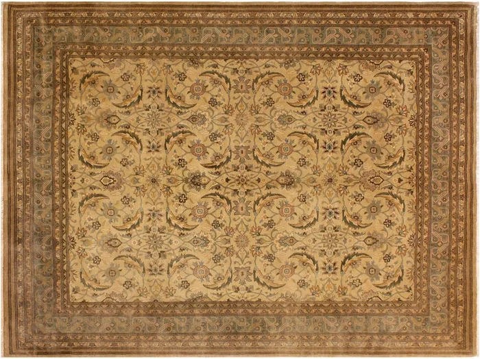 Turkish Knotted Istanbul Priscill Tan/ Green Wool Rug – 8’1” x 9’11”
