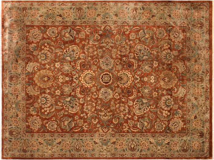 Turkish Knotted Istanbul Roxie Rust/ Green Wool Rug – 9’2” x 11’11”