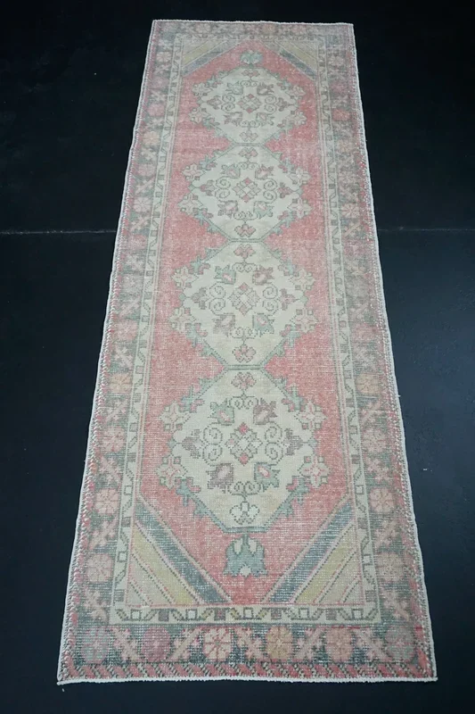 Turkish Oushak Runner 3’ x 9’ Pink, Blue + Cream ‘2775