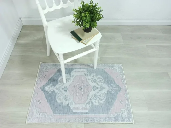 Turkish Rug, Gray Light Pink Ivory Vintage Oushak Geometric Area Rugs