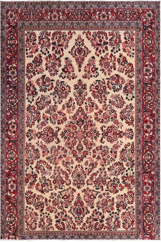 Vintage Antique Connie Beige Red Hand Knotted Wool Rug- 6’2” x 8’8”